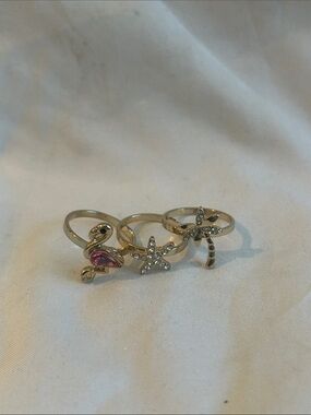 Gold-Tone Beach Charm Ring Set with Pink Gem
